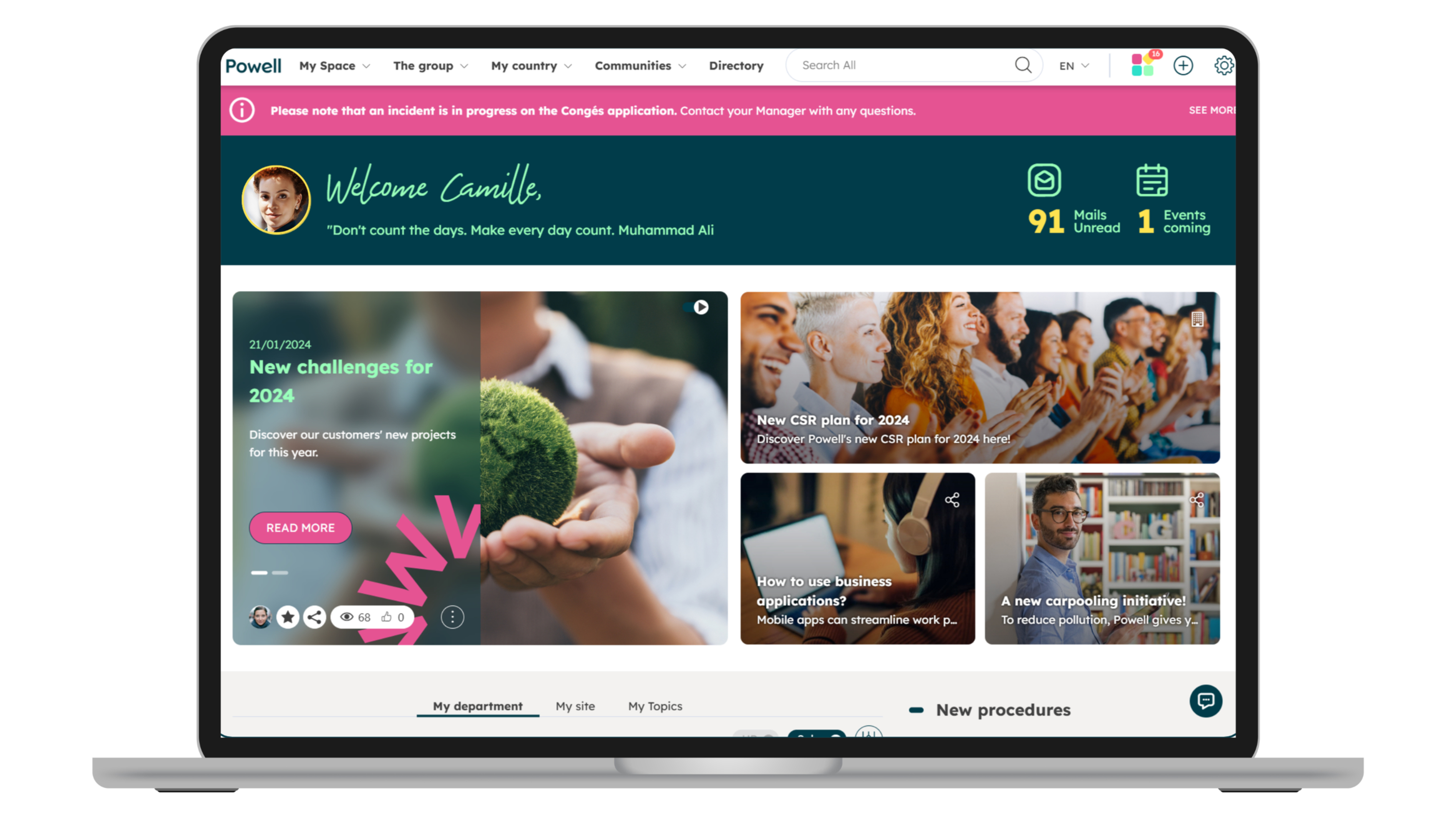 Powell demo intranet displayed on a laptop, showing a branded home page with company news and resources